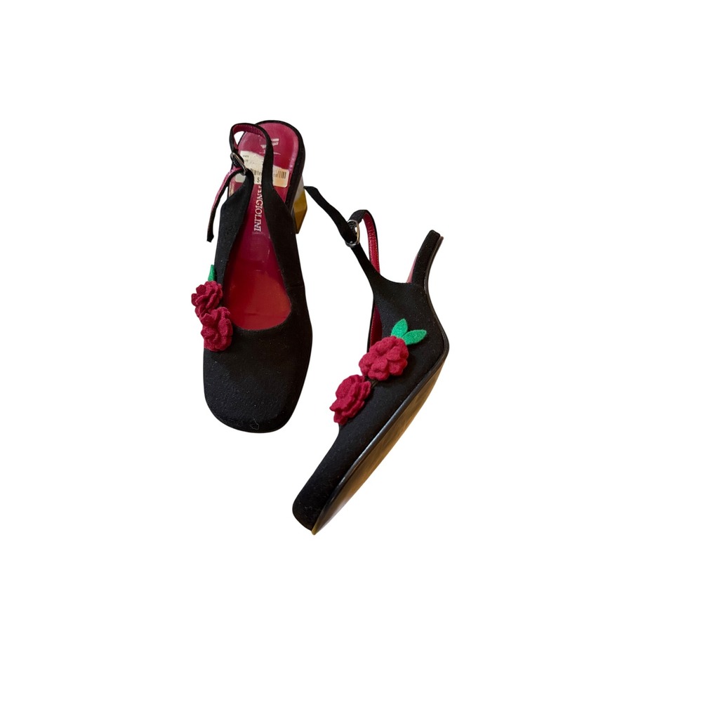 NWT y2k 90s Enzo Angiolini Black Floral Slingback Block Heels Square Toe 6.5M